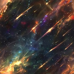 Artistic depiction of a dazzling meteor shower, with enhanced colors and dramatic lighting, ideal for captivating visual art or digital media