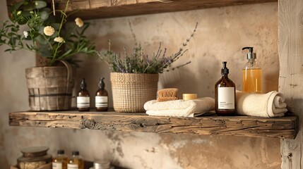 Bathroom shelf with natural body care lotions