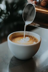 A stylish photo of a barista pouring a clean, perfectly frothed milk into a plain white cup of coffee, emphasizing the simplicity and elegance of the design