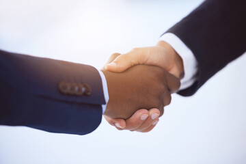 Meeting, handshake and teamwork for sales deal, success and b2b collaboration. Closeup, agreement...
