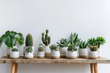 Scandinavian room interior with plants, cacti and succulents composition in design and hipster pots on the brown shelf. White walls. Modern and floral concept of home garden. generative ai.