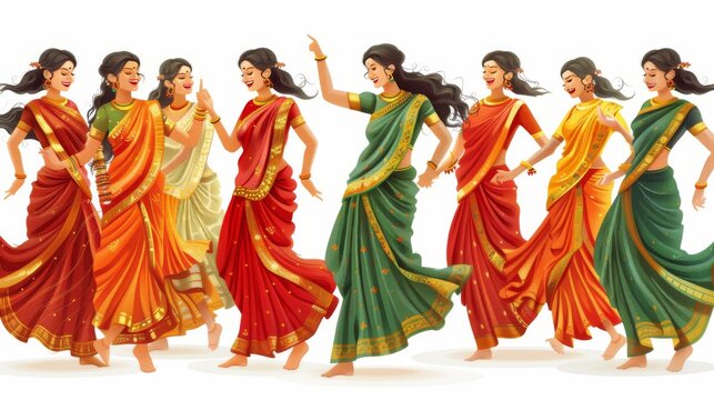 Women dressed in traditional red and green sarees celebrating Teej with joyful expressions and dancing Cartoon style illustration vector