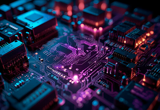 Macro of Advanced Circuit Board with Microchip in High-Tech Environment violet