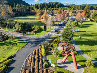 Obraz premium Aerial: Entrance to Rotorua mountain bike park, New Zealand