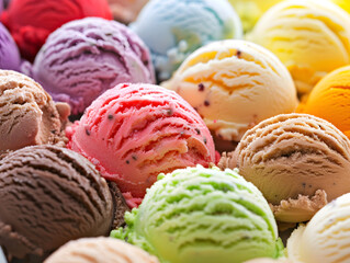 Vibrant Assortment of Multi-Flavored Ice Cream Scoops in Rich Colors Creamy Textured Dessert with Mix-Ins Chocolate Chips, Fruit Pieces Indulgent, Sweet Treat for Food Enthusiasts
