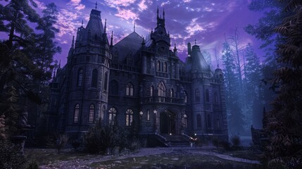 Gothic mansion with a futuristic lab hidden inside, Mysterious, 3D render