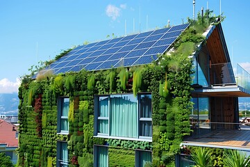 environmental construction, green construction, Modern Eco-Friendly Building with solar panels on the roof,design, sustainable, energy