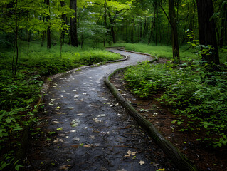 Fototapeta premium Serene Lush Forest with Winding Wooden Boardwalk Pathway, Verdant Foliage, Tall Trees, Dappled Light, Green Leaves, Natural Beauty, Tranquil Nature Scene, Peaceful Woodland Environment