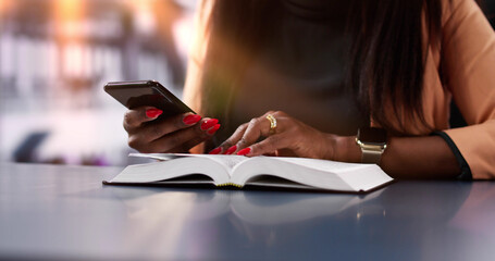 Christian Woman Reading Bible Book On Phone