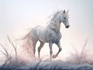 Obraz premium A Majestic Unicorn With A Visible Skeletal Structure, Standing In An Enchanted Meadow With A Shimmering Horn On A Clean Pastel Light And White Isolated Background