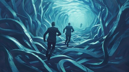 Businessmen running on the intricate road looking for a way out, looking for solutions to problems