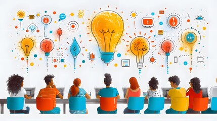 In the whimsical realm of cartoons, tech startup employees engage in a lively exchange of ideas, their dynamic brainstorming session set against a backdrop of purity and possibility.