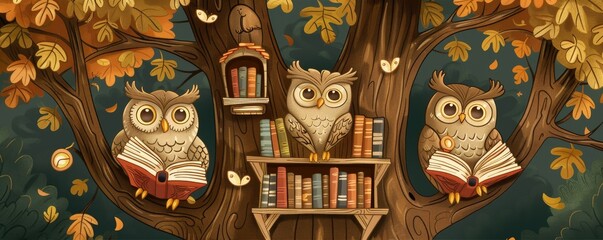 Happy owls reading books in a treehouse library, Educational, Sketch