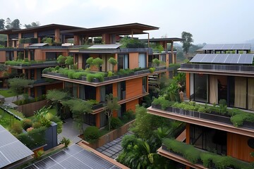 environmental construction, green construction, Modern Eco-Friendly Building with solar panels on the roof,design, sustainable, energy