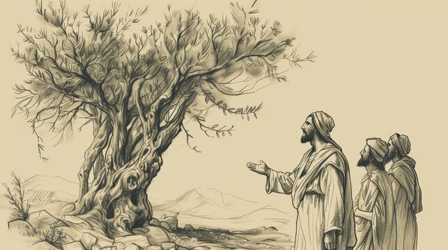 Biblical Illustration of Parable of Vine and Branches, Jesus as Vine, Followers Bearing Fruit, Beige Background, Copyspace