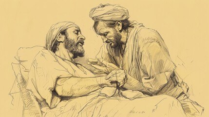 Fototapeta premium Biblical Illustration of Good Samaritan Tending to Injured Man on Roadside, Beige Background, Copyspace
