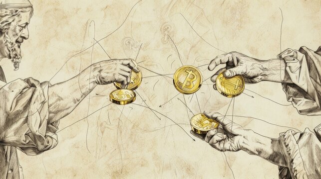 Biblical Illustration of Parable of Talents with Servants Investing Gold Coins, Different Outcomes, Beige Background, Copyspace