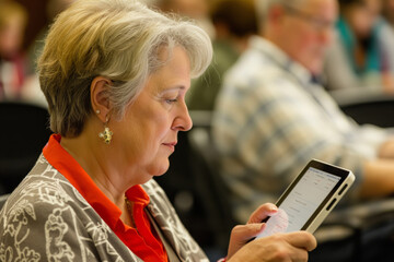 Focused mature woman in a seminar attentively uses her tablet to take notes or access information