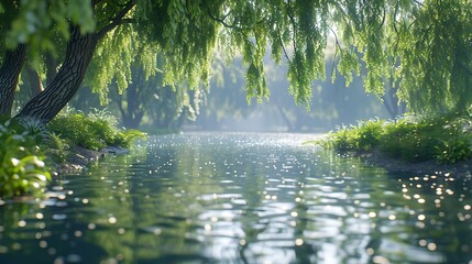 A riverbank with willow trees leaning over the water - Powered by Adobe