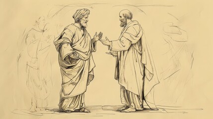 Obraz premium Biblical Illustration of Unjust Judge Parable, Persistent Widow, Justice, Beige Background, Copyspace