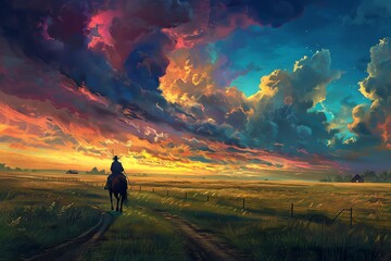 A lone rider on horseback travels a dirt path under a dramatic, colorful sky at sunset, capturing the essence of freedom and adventure.