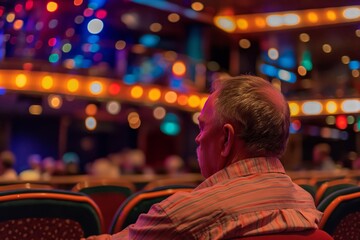 Man attentively watches a live show, surrounded by the vibrant ambiance of a theatre's colorful lights and seating