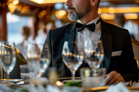 Closeup photo of a man in formal attire with a bow tie, thoughtfully attending an upscale captain's dinner on a cruise