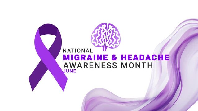 National Migraine and headache awareness month. Purple color ribbon wave motion. Head Animation.