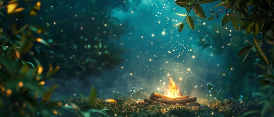 A magical forest scene with a small campfire surrounded by glowing fireflies under a starry night sky. Peaceful and enchanting atmosphere.