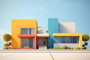 Modern architectural design featuring a colorful geometric house with yellow, blue, and red elements, set under a clear blue sky.