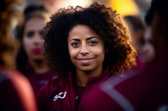 Attentive female athlete looks towards teammates with slight smile while in a pre game huddle