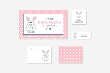 Cute Bunny Pink and White Polkadot 1st Birthday Banner, Thank You Card, and Sticker Design Concept