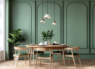A minimalist dining room with light wood furniture