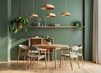 A minimalist dining room with light wood furniture
