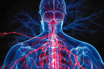 Nervous system, human, nerve cells, neon, vector, 3d rendering