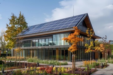 environmental construction, green construction, Modern Eco-Friendly Building with solar panels on the roof,design, sustainable, energy