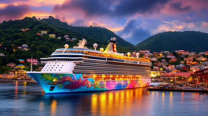 A stunning HDR image of a cruise ship docked at a picturesque port, with the colorful coastal town and bustling dockside activity vividly brought to life. - Powered by Adobe