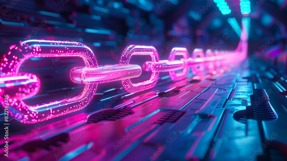 Wall mural abstract futuristic image of blockchain symbolized on long neon chains in a technological environmen