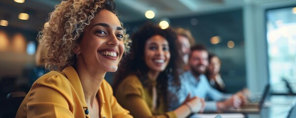 A group of employees sitting around a conference table, attending a business training seminar via video call, Close up