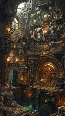 A hidden chamber beneath an old castle, filled with intricate puzzles and mechanisms guarding a secret treasure, knolling