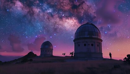 Obraz premium Astrophotography of observatory domes beneath a stunning, colorful Milky Way galaxy night sky, with a lone person standing in awe of the cosmos.