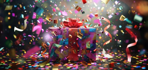 Illustrate a beautifully wrapped gift box bursting with colorful confetti and ribbons, exuding joy and excitement in a hyper-realistic digital art style