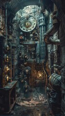 A hidden chamber beneath an old castle, filled with intricate puzzles and mechanisms guarding a secret treasure, knolling