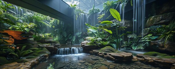 Fototapeta premium A hidden underworld garden with exotic, otherworldly plants and flowing streams beneath a translucent stone ceiling, knolling