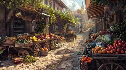 Charming street market scene with fresh produce on rustic carts, vibrant fruits and vegetables under sunny skies, and cobblestone paths.