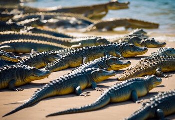 Close-up with a group of many crocodiles on the shore - Powered by Adobe