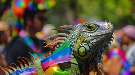 Obraz premium Iguanas wear rainbow sashes and sashes in Pride parades with other humans In brightly colored costumes, celebrations are all around. Focusing on its face