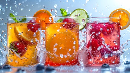 a burst of tropical fruit juice splashes on a white background