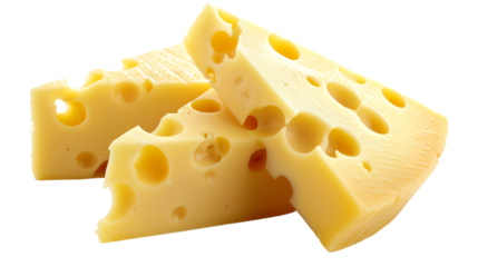 Several pieces of yellow cheese with holes on an isolated background