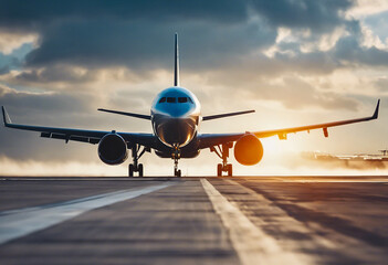 Close-up with a plane running on the runway seen from the front